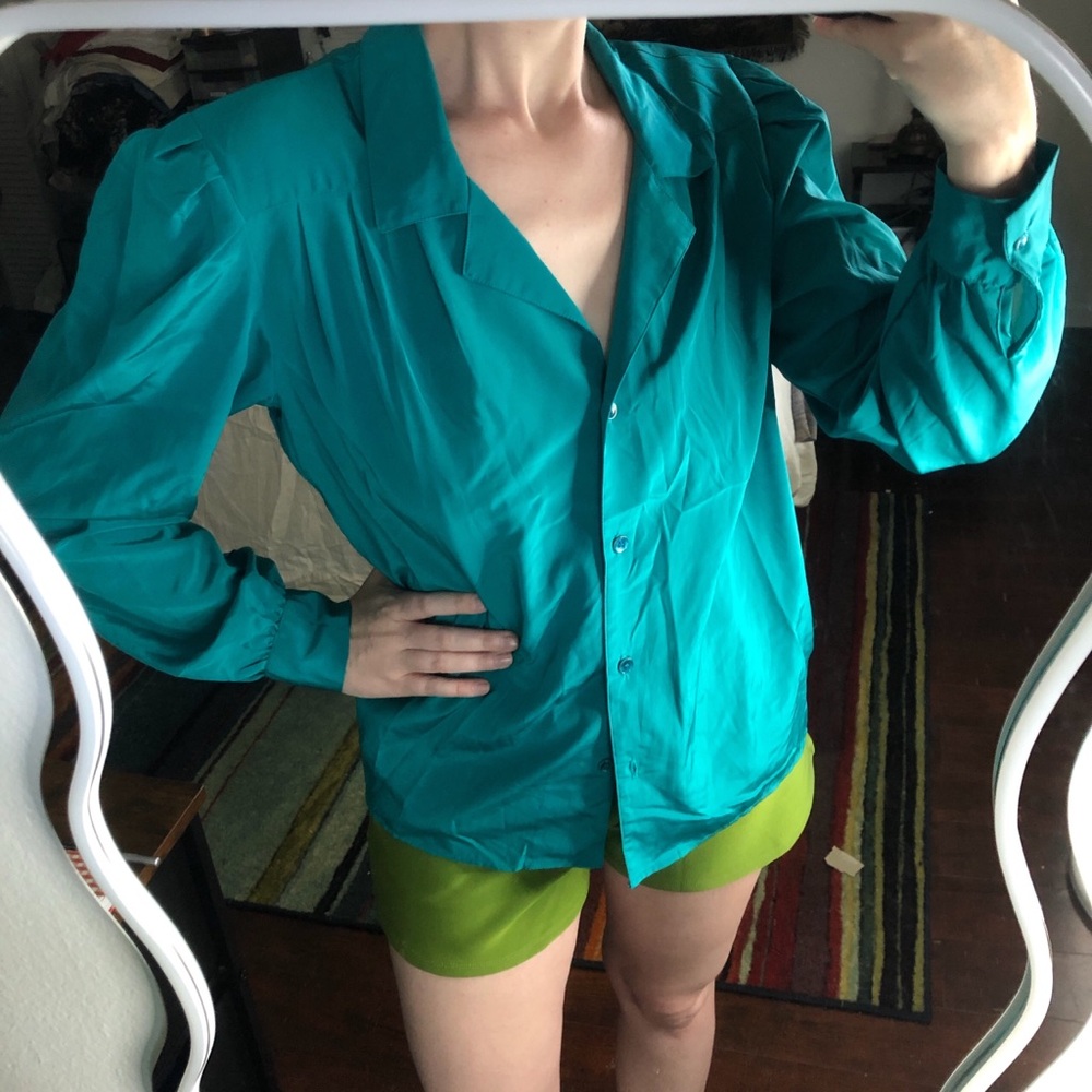 Teal green vintage 80s blouse with shoulder pads